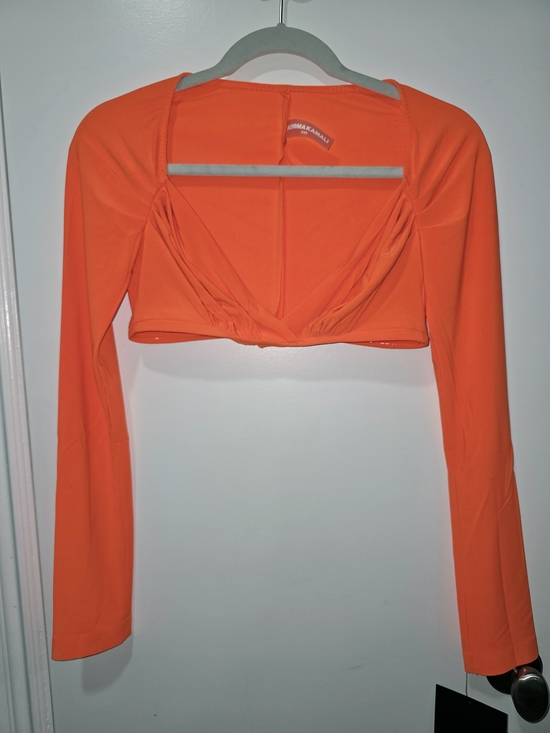 Norma Kamali Tops - Norma Kamali Long Sleeve Cropped Twist-Front Top - Neon Orange